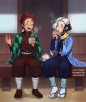  2boys :d belt black_hair blue_pants bright_pupils brown_legwear brown_pants character_request closed_eyes closed_mouth commentary commission cup english_commentary hand_up haori holding holding_cup japanese_clothes kamado_tanjirou kimetsu_no_yaiba lavelis multicolored_hair multiple_boys open_mouth pants puffy_pants redhead sandals scarf smile tabi teapot two-tone_hair white_hair white_legwear white_pupils yellow_scarf 