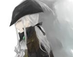  1girl ascot bloodborne chain cravat from_side grey_background grey_eyes hair_ribbon hat hat_feather helen2210hk highres lady_maria_of_the_astral_clocktower long_hair looking_at_viewer ponytail ribbon simple_background solo the_old_hunters tricorne white_hair 