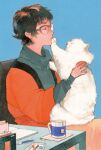  1girl animal black_hair blue_background book cat closed_eyes cup eraser expressionless glasses highres holding holding_animal holding_cat kan0nakan0 long_sleeves open_book original pencil short_hair sitting solo table white_cat 