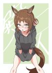  1girl animal_ears bangs black_hoodie blush brown_hair bulletparty clover_hair_ornament collarbone feet_out_of_frame fine_motion_(umamusume) green_eyes hair_between_eyes hair_bun hair_ornament hands_in_pockets highres hood hood_down hoodie horse_ears horse_girl horse_tail leaning_forward legs_apart long_sleeves medium_hair multicolored_hair open_mouth sleeves_pushed_up solo standing tail two-tone_hair umamusume v_arms 