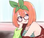 1girl :d bangs bare_shoulders bespectacled blue_eyes blurry blurry_background blush breasts brown-framed_eyewear commentary_request depth_of_field eyebrows_behind_hair glasses go-toubun_no_hanayome green_jacket green_ribbon hair_between_eyes hair_ribbon highres jacket kujou_karasuma long_sleeves looking_at_viewer medium_breasts nakano_yotsuba off_shoulder open_clothes open_jacket open_mouth orange_hair ribbon signature smile solo striped upper_body 