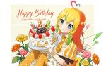  1girl absurdres alternate_costume angel_wings birthday_cake blonde_hair blush cake commentary_request english_text flower food happy_birthday highres indie_virtual_youtuber long_hair looking_at_viewer plate simple_background smile solo sparkling_eyes wings yumekana_lua 