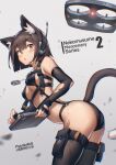  1girl :o absurdres animal_ears antennae artist_name ass bangs barcode_tattoo bare_shoulders bent_over bilibili_xiaolu black_gloves black_legwear blush bob_cut breasts brown_eyes brown_hair cat_ears cat_girl cat_tail chinese_commentary commentary_request dog_tags drone elbow_gloves eyebrows_visible_through_hair from_side gloves gradient gradient_background grey_background headset highres holding looking_at_viewer looking_to_the_side medium_breasts mixed-language_commentary number open_mouth original revealing_clothes short_hair solo sweat tablet_pc tail tattoo thigh-highs torn_clothes torn_gloves under_boob v-shaped_eyebrows 