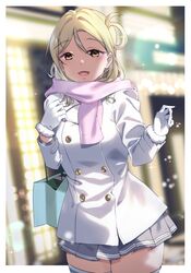  1girl absurdres blonde_hair breasts eyebrows_visible_through_hair gloves highres jacket kneehighs long_hair looking_at_viewer love_live! love_live!_sunshine!! ohara_mari open_mouth pink_scarf scarf skirt smile socks solo thigh-highs white_jacket white_legwear yamaori_(yamaorimon) yellow_eyes 