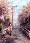  1girl autumn_leaves bag black_hair bridge enokitake handbag japanese_clothes kimono original outdoors road road_sign scenery short_hair sign solo standing street tree utility_pole yukata 