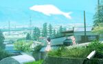  2girls arm_support black_hair blonde_hair building cellphone cityscape clouds curtains grass greenhouse hands_up highres house inami_hatoko ladder leaning_forward long_hair looking_to_the_side mountain mountainous_horizon multiple_girls original outdoors phone power_lines railing road rural scenery school_uniform serafuku sky smartphone smile taking_picture tree utility_pole whale 