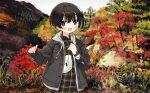  1girl :d absurdres autumn autumn_leaves black_hair dress highres huge_filesize jacket mountain nature open_mouth original outdoors plaid plaid_dress short_hair sleeves_past_wrists smile solo tree watch watch zinbei 