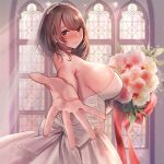  1girl amane_ruri back_bow bangs bare_shoulders blush bouquet bow breasts bridal_veil brown_eyes brown_hair closed_mouth commentary_request dress earrings flower highres holding holding_bouquet indoors jewelry large_breasts light_rays looking_at_viewer original outstretched_arm palms pearl_(gemstone) ribbon rose sideboob smile solo sparkle strapless strapless_dress sunbeam sunlight twisted_torso veil wedding_dress white_dress window 