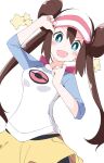  1girl :d blue_eyes blush breasts brown_hair ixy long_hair looking_at_viewer medium_breasts open_mouth pokemon pokemon_(game) pokemon_bw2 raglan_sleeves rosa_(pokemon) shorts simple_background smile solo twintails visor_cap white_background yellow_shorts 