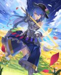  1girl armor bangs bare_shoulders black_headwear blue_hair blue_skirt blue_sky clouds day eyebrows_visible_through_hair faulds food frilled_skirt frills fruit gauntlets hair_between_eyes hat hat_removed headwear_removed highres hinanawi_tenshi holding holding_sword holding_weapon long_hair long_skirt looking_at_viewer open_mouth outdoors peach petals rainbow_order red_eyes rin_falcon skirt sky smile sword touhou very_long_hair weapon wind 