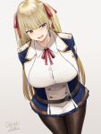  1girl arms_behind_back artist_name azur_lane bangs belt blonde_hair blue_eyes blush breasts brown_legwear buttons commentary_request dress hair_ribbon highres large_breasts long_hair oekakizuki open_mouth pantyhose red_ribbon ribbon sidelocks solo sussex_(azur_lane) twintails white_background 