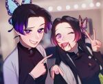  2girls :p black_jacket blood blood_from_mouth butterfly_hair_ornament commentary english_commentary fingernails gradient_hair hair_ornament hand_up haori highres jacket japanese_clothes kimetsu_no_yaiba kochou_kanae kochou_shinobu lavelis long_hair long_sleeves multicolored_hair multiple_girls nail_polish one_eye_closed pink_nails pointing_at_another purple_hair self_shot selfie_stick short_hair smile tongue tongue_out v violet_eyes 
