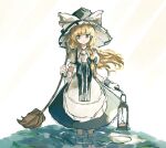  1girl absurdres apron black_bow black_dress blonde_hair bow braid broom dress feet_out_of_frame frilled_apron frills hair_bow hat hat_bow highres in_water kirisame_marisa lamp lily_pad long_hair looking_to_the_side neruzou puffy_short_sleeves puffy_sleeves short_sleeves side_braid single_braid solo teeth touhou waist_apron water white_apron white_background white_bow witch_hat wrist_cuffs yellow_eyes 