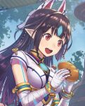  1girl anbe_yoshirou black_hair bread breasts food fox_mask highres jewelry kasandra_(xenoblade) long_hair mask medium_breasts pointy_ears red_eyes solo xenoblade_chronicles_(series) xenoblade_chronicles_2 