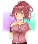  1girl absurdres anna_(fire_emblem) arm_up belt bracelet breasts eyebrows_visible_through_hair fire_emblem hand_on_own_chest heart highres jewelry large_breasts looking_at_viewer pink_shirt ponytail red_eyes redhead shirt simple_background solo upper_body xxazumii 