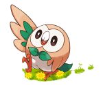  animal_focus arm_up artist_name black_sclera colored_sclera dandelion flower full_body gen_7_pokemon grass leg_up no_humans open_mouth pokemon pokemon_(creature) rorosuke rowlet simple_background solo standing standing_on_one_leg twitter_username walking white_background white_eyes yellow_flower 