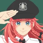  1girl alternate_costume braid hair_ribbon hat highres hong_meiling indonesian_commentary long_hair peaked_cap police police_uniform policewoman redhead refrone ribbon salute touhou twin_braids uniform 