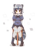  1girl animal_ears black_neckwear blue_hair blue_skirt blue_sweater blush bow bowtie chair commentary_request common_raccoon_(kemono_friends) elbow_gloves extra_ears eyebrows_visible_through_hair full_body fur_collar gloves grey_hair grey_legwear highres kemono_friends multicolored_hair pantyhose pleated_skirt puffy_short_sleeves puffy_sleeves raccoon_ears raccoon_girl raccoon_tail saiun_san short_hair short_sleeves sitting skirt solo sweater tail two-tone_legwear white_neckwear yellow_eyes 
