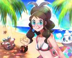  1girl :q alternate_costume antenna_hair bangs beach bikini bikini_top breasts brown_hair clouds commentary_request day dwebble eyebrows_visible_through_hair galarian_darumaka galarian_form gen_5_pokemon gen_8_pokemon heart heart-shaped_eyewear hilda_(pokemon) innertube jeri20 looking_at_viewer oshawott outdoors petilil pokemon pokemon_(creature) pokemon_(game) pokemon_bw sandile shiny shiny_skin shore sidelocks sky smile sunglasses swimsuit tongue tongue_out vanillite 