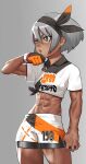  1girl abs bea_(pokemon) blush brown_eyes cessa collared_shirt cowboy_shot dark_skin dark-skinned_female gloves gradient gradient_background grey_background grey_hair holding holding_poke_ball muscular muscular_female navel poke_ball pokemon pokemon_(game) pokemon_swsh print_shirt print_shorts shirt short_hair short_sleeves shorts solo sweat white_shirt 