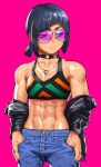  1girl abs alexia_harth_abs black_hair black_jacket blue_pants cessa choker cowboy_shot denim ear_piercing earrings highres jacket jeans jewelry muscular muscular_female necklace off_shoulder original pants piercing pink_background ring short_hair simple_background solo sports_bra 