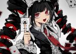  1girl :d black_hair black_jacket card celestia_ludenberg chiaki_(chika-0803) collared_shirt dangan_ronpa:_trigger_happy_havoc dangan_ronpa_(series) drill_hair frilled_sleeves frills holding holding_card jacket joker_card long_hair long_sleeves open_mouth red_eyes ribbon shirt smile solo suit_jacket white_background white_ribbon white_shirt 