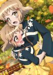  2girls blonde_hair blush breast_smother breasts brown_eyes eyebrows_visible_through_hair face_to_breasts fang hair_ornament highres hug large_breasts looking_at_viewer multiple_girls open_mouth outdoors petals selfcest senki_zesshou_symphogear shiny shiny_hair shiny_skin short_hair sweater tachibana_hibiki_(symphogear) tree yukitsuba_hina yuri 