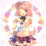  1girl ;d animal_ears bangs black_skirt blue_flower blush breasts brown_hair brown_legwear brown_sleeves butterfly_hair_ornament crop_top detached_sleeves dog_ears dog_girl dog_tail eyebrows_visible_through_hair floral_background flower frilled_shirt frills hair_ornament hand_up indie_virtual_youtuber kouu_hiyoyo layered_skirt looking_at_viewer medium_breasts midriff navel one_eye_closed open_mouth outstretched_arm pantyhose pink_flower pink_skirt pleated_skirt puffy_short_sleeves puffy_sleeves purple_flower red_eyes sango_shuka shirt short_hair short_sleeves skirt smile solo striped striped_background tail vertical_stripes virtual_youtuber white_flower white_shirt 