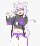  1girl :3 :d ahoge animal_collar animal_ears bangs black_collar breasts cat_ears cat_girl cat_tail collar crossed_bangs eyebrows_visible_through_hair fang fingernails food food_print grey_hoodie hair_between_eyes hands_up highres hololive hood hood_down hoodie lewis light_purple_hair long_sleeves looking_at_viewer medium_breasts medium_hair navel nekomata_okayu onigiri onigiri_print open_mouth pocket simple_background skin_fang smile solo tail tail_raised violet_eyes virtual_youtuber white_background 