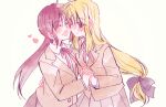  2girls blonde_hair couple fate_testarossa happy highres holding_hands interlocked_fingers long_hair lyrical_nanoha mahou_shoujo_lyrical_nanoha mahou_shoujo_lyrical_nanoha_a&#039;s multiple_girls neck_ribbon orange_hair ribbon school_uniform side_ponytail simple_background smile sorato_(astllatte) takamachi_nanoha uniform very_long_hair white_background yuri 