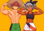  1boy 1girl abs bea_(pokemon) biceps black_hairband black_sports_bra cessa dark_skin dark-skinned_female green_eyes green_pants grey_eyes grey_hair hairband hands_up looking_at_viewer milo_(pokemon) muscular muscular_female muscular_male nipples pants pink_hair pokemon pokemon_(game) pokemon_swsh print_shorts shadow shirtless short_hair shorts simple_background smile sports_bra yellow_background 