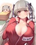  1girl azur_lane bangs black_ribbon blunt_bangs breasts closed_mouth collarbone commentary_request doyagao eyebrows_visible_through_hair formidable_(azur_lane) grey_hair hair_ribbon head_tilt highres huge_breasts jacket jewelry kotatsu long_hair long_sleeves looking_at_viewer multiple_views red_eyes red_jacket ribbon ring smile smug table track_jacket twintails unzipped ushimittsu very_long_hair wedding_ring zipper 