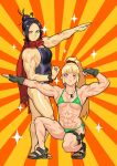  2girls abs bangs biceps bikini blonde_hair blue_eyes breasts breasts_apart cessa dragunov_(metal_slug) fingerless_gloves flexing gloves green_bikini hair_ornament hair_stick highres jewelry long_hair medium_breasts metal_slug metal_slug_attack multiple_girls muscular muscular_female necklace one_eye_closed ponytail pose red_scarf sandals scar scar_across_eye scarf sparkle squatting swimsuit yellow_eyes yoshino_(metal_slug) 