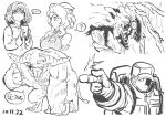  ... 1boy 2girls ? backpack bag bare_shoulders breasts coat cup ganyu_(genshin_impact) genshin_impact hat holding holding_cup horns large_breasts monster monster_hunter multiple_girls rajang riffle_hunter shaded_face shara_ishvalda short_hair simple_background sketch spoken_question_mark white_background 