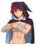  1girl abs biceps black_cape breasts cape cessa commission cropped_torso freckles green_eyes hair_between_eyes highres hood hood_up muscular muscular_female original redhead sarashi shadow short_hair simple_background solo under_boob upper_body white_background 