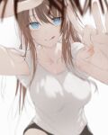  1girl 1other :&gt; :q armpit_peek bangosu bangs black_shorts blue_eyes blurry breasts brown_hair closed_mouth collarbone commentary constricted_pupils dekopin depth_of_field eyebrows_visible_through_hair eyelashes eyes_visible_through_hair fingernails hands_up highres long_hair looking_at_viewer original palms pov shirt short_shorts short_sleeves shorts smile tongue tongue_out upper_body white_background white_shirt 