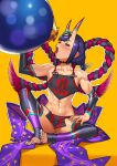  1girl abs bangs bare_shoulders biceps blunt_bangs cessa chinese_clothes dudou english_commentary eyeliner fate/grand_order fate_(series) highres horns knee_up makeup oni oni_horns open_mouth pelvic_curtain purple_hair short_hair shuten_douji_(fate/grand_order) sitting skin-covered_horns solo tongue tongue_out yellow_background 