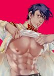  1boy abs absurdres bangs bare_pecs beige_jacket belt black_eyes buttons dark_skin dark_skinned_male golden_kamuy highres koito_otonoshin lifted_by_self long_sleeves looking_at_viewer male_focus military military_uniform muscular muscular_male nipples o_kini0 parted_bangs pectorals purple_hair shirt_lift short_hair simple_background solo uniform upper_body 