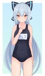  1girl alternate_costume b6_n2 bangs bow breasts girls_frontline hair_bow highres navel orange_eyes school_swimsuit silver_hair small_breasts solo swimsuit tokarev_(girls_frontline) 