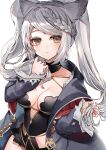  1girl 40_(0f0urw) :&lt; absurdres bangs black_coat black_leotard blush braid breasts brown_eyes coat commentary_request erune eyebrows_visible_through_hair fraux granblue_fantasy hand_up highres holding holding_hair leotard long_hair long_sleeves looking_at_viewer medium_breasts silver_hair single_braid solo swept_bangs twintails upper_body white_background wide_sleeves 