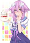  1girl birthday_cake blush cake dura eyebrows_visible_through_hair food hair_between_eyes hair_ornament happy_birthday highres kami_jigen_game_neptune_v looking_at_viewer neptune_(neptune_series) neptune_(series) purple_hair short_hair smile solo violet_eyes 