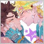  2boys absurdres aqua_eyes bandaid bandaid_on_cheek bandaid_on_face bandaid_on_forehead bandaid_on_hand bandaid_on_nose battle_tendency blonde_hair blue_gloves blue_shirt border brown_hair caesar_anthonio_zeppeli cheek_squash chinese_commentary close-up closed_eyes commentary_request eyebrows_visible_through_hair facial_mark feathers fingerless_gloves forehead-to-forehead from_side gloves hair_feathers half-closed_eyes hands_on_another&#039;s_cheeks hands_on_another&#039;s_face happy headband highres jojo_no_kimyou_na_bouken joseph_joestar_(young) male_focus multiple_boys qiezi_guaishou shirt short_hair short_sleeves smile star_(symbol) triangle_print 