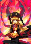  1girl absurdres beads black_dress blonde_hair chinese_clothes crescent dress energy eyebrows_visible_through_hair hat highres junko_(touhou) legacy_of_lunatic_kingdom long_hair long_sleeves looking_at_viewer multicolored multicolored_background neruzou open_hand orange_hair red_eyes ribbon smile solo tabard touhou wavy_hair wide_sleeves yellow_ribbon 