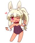  1girl ;d animal_ear_fluff animal_ears bare_legs bare_shoulders barefoot blonde_hair blush bunny_tail chibi collar collarbone commentary_request covered_navel full_body hand_up heart heart-shaped_pupils highres leotard long_hair masurao_(sekaiju) naga_u one_eye_closed open_mouth pink_eyes ponytail purple_leotard rabbit_ears rabbit_girl red_collar sekaiju_no_meikyuu sekaiju_no_meikyuu_5 simple_background smile solo standing strapless strapless_leotard symbol-shaped_pupils tail v very_long_hair white_background wrist_cuffs 