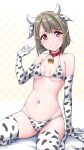  1girl animal_ears animal_print arm_support bangs bare_shoulders bed bed_sheet bell bell_collar bikini blunt_bangs blush breasts breasts_apart collar collarbone cow_ears cow_horns cow_print cow_tail elbow_gloves eyebrows_visible_through_hair fake_animal_ears gloves gradient gradient_background groin halterneck highres horns light_brown_hair looking_at_viewer love_live! love_live!_nijigasaki_high_school_idol_club medium_hair nakasu_kasumi navel on_bed polka_dot polka_dot_background red_eyes sitting sitting_on_bed small_breasts smile solo swimsuit tail thigh-highs under_boob wariza white_bikini white_gloves white_legwear yopparai_oni 