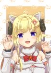  1girl :d absurdres ahoge animal_ear_fluff animal_ears bangs bare_shoulders blush bow breasts cat_ears claw_pose commentary_request curled_horns detached_sleeves eyebrows_visible_through_hair fur-trimmed_sleeves fur_trim hair_ornament hairclip hands_up highres hololive horns kemonomimi_mode long_hair medium_breasts nail_polish ohiensis open_mouth pink_nails red_bow sheep_ears sheep_girl sheep_horns smile solo tsunomaki_watame twitter_username upper_body v-shaped_eyebrows violet_eyes virtual_youtuber white_sleeves 