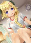 1girl :d absurdres animal_ears bangs blonde_hair blurry blurry_background blush bow bra braid breasts clock curled_horns depth_of_field dutch_angle eyebrows_visible_through_hair feet_out_of_frame gym_shirt gym_shorts gym_uniform hair_bow hair_over_shoulder highres hololive horns indoors long_hair looking_at_viewer medium_breasts ohiensis open_mouth pink_bow red_shorts see-through sheep_ears sheep_girl sheep_horns shirt short_shorts short_sleeves shorts single_braid sitting smile solo sweat tsunomaki_watame underwear very_long_hair violet_eyes virtual_youtuber wall_clock wet wet_clothes wet_shirt white_bra wristband 