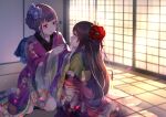  2girls absurdres applying_makeup blue_eyes brown_hair floral_print flower hair_flower hair_ornament highres japanese_clothes kimono kneeling lipstick long_hair makeup makeup_brush multiple_girls original petals red_eyes shinketsu_kanyu sitting smile updo 