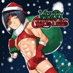  1girl abs alexia_harth_abs bag biceps black_hair blue_eyes breasts cessa christmas_tree cowboy_shot fur_trim gloves green_bag hat holding holding_bag looking_at_viewer medium_breasts merry_christmas muscular muscular_female navel original outline over_shoulder red_gloves red_shorts santa_hat short_hair short_shorts shorts solo white_outline 