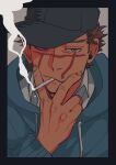  1boy :/ alternate_costume blue_hoodie brown_eyes brown_hair casual cigarette face golden_kamuy hat highres hood hoodie kotta_(pesan102) long_sleeves male_focus scar scar_on_cheek scar_on_face scar_on_mouth scar_on_nose short_hair simple_background smoking solo spiky_hair sugimoto_saichi 